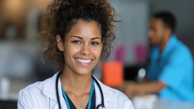 Smiling female doctor in a white coat with a stethoscope around her neck, standing in a clinical setting.