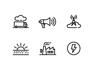 A collection of simple line icons representing industry, transport, communication, and the environment.