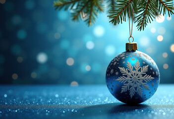 Christmas tree bauble and hanging snowflake on glitter blue background with bokeh light. Festive winter holiday decoration and ornament. Modern design with copy space for card, banner, invitation