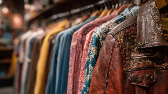 A collection of vintage clothing items, including a retro leather jacket, bell-bottom jeans, and patterned shirts, displayed in a shop. - Powered by Adobe