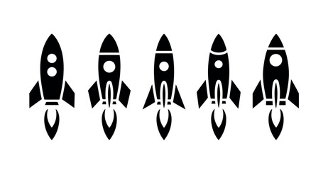Five silhouetted rockets are lined up horizontally, each with a flame erupting from its base, suggesting a launch or ascent into space.