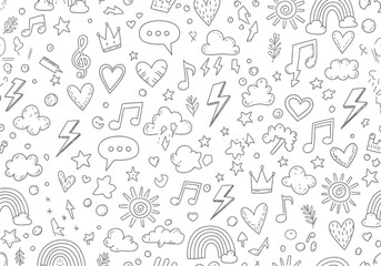 Whimsical Doodle Pattern with Hearts, Clouds, Stars, Sun, Rainbow, Thunder on White