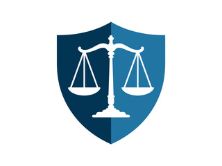 A stylized shield with the scales of justice symbolizes law and legal representation.