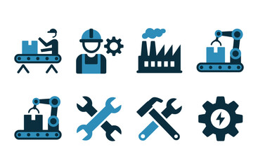 Icons depicting industry, manufacturing, and mechanical work, showing workers, factories, tools, and robotic arms.