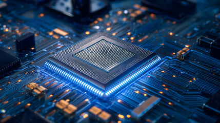 Powerful futuristic microchip processor glowing blue on complex circuit board, representing innovative data technology and computing power