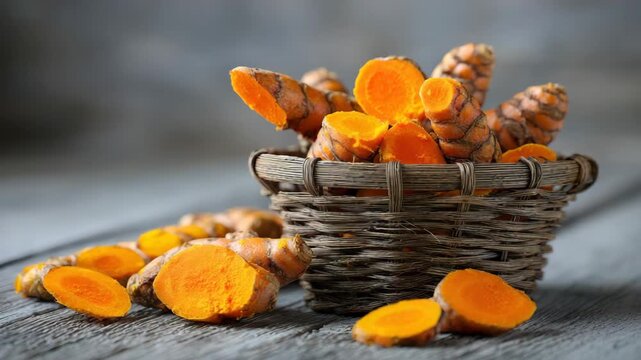 Turmeric Rhizomes in Wicker Basket Against Gray Textured Background Brightly Lit with Sliced Pieces of Root in Macro Still Life