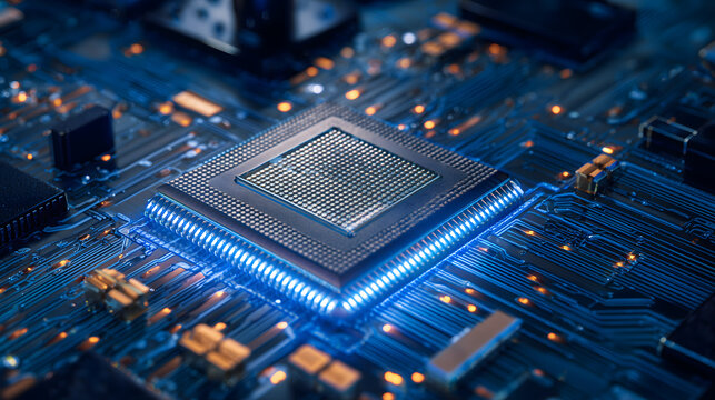 Powerful futuristic microchip processor glowing blue on complex circuit board, representing innovative data technology and computing power