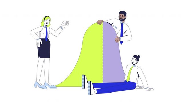 Data scientists team analyzing bell curve distribution 2D animation. Standard deviation. Diverse analysts discussing graph animated characters cartoon flat concept metaphor 4K video isolated on white