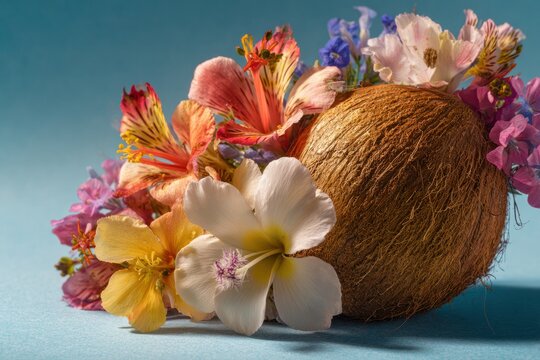 Golden Coconut with Tropical Flowers for Tuvalu