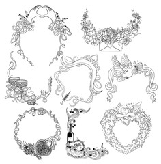 A set of 8 romantic decorative frames. A collection of decorations for Valentine's Day cards. Cute and elegant prints with bows, flowers, ribbons, festive drinks, desserts, angels, Cupid's arrows