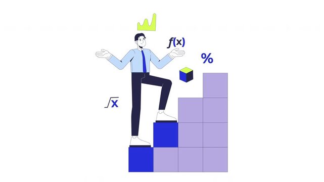 Math teacher climbing mathematical growth steps 2D animation. Statistical graph. Algebra science study. Mathematician man animated character cartoon flat concept metaphor 4K video isolated on white