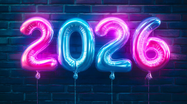 Festive neon year 2026 number balloon on dark brick wall background. vibrant pink and blue glowing new year celebration concept for party