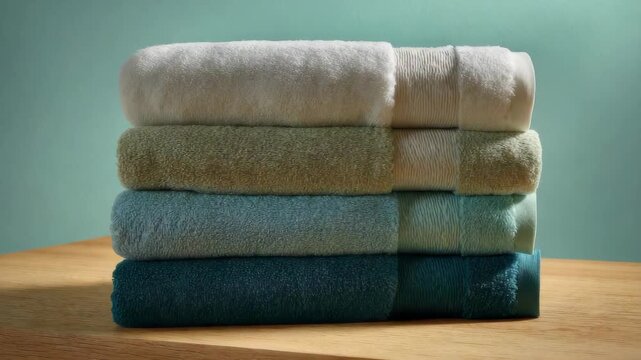 Stack of Folded Fluffy Towels in White Olive and Teal Against a Soft Blue Green Gradient Background Displaying Cleanliness and Comfort in Warm Lighting