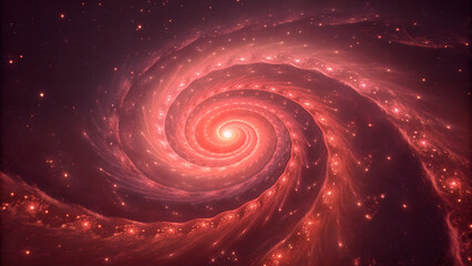 Vibrant red spiral galaxy with glowing stars