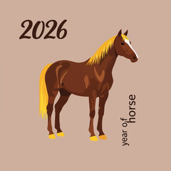2026 Chinese Zodiac Year of the Horse illustration with a brown horse and golden mane