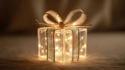 A lit up gift box with a bow, perfect for celebrations and special occasions. The lights inside create a warm glow, and the bow adds an elegant touch
