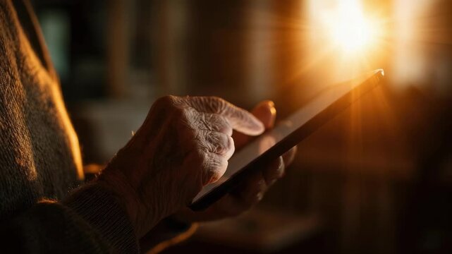An elderly person using a tablet, tapping the screen, with warm sunset light streaming in.