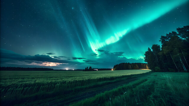 Vibrant green aurora borealis lights up a starry night sky over a field