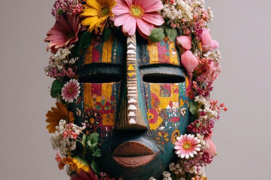 Traditional Togolese Mask with Vibrant Florals