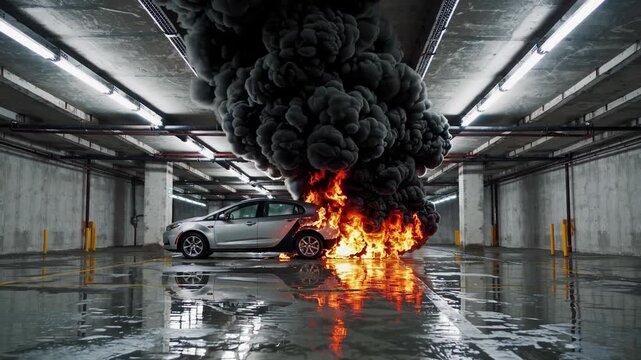Electric car engulfed in flames with thick black smoke billowing in a dimly lit parking garage, showcasing a dramatic scene progression, camera pans and zooms in on the intense fire