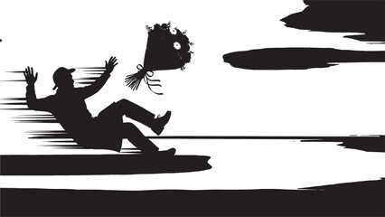 Oh no, romance gone wrong! Silhouette of a man falling and losing his bouquet in a comical blunder, perfect for humorous greeting cards or social media posts about dating disasters