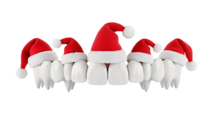 Festive dental health teeth wearing santa hats on a black background