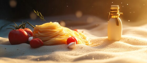Fresh pasta and ripe tomatoes arrangement