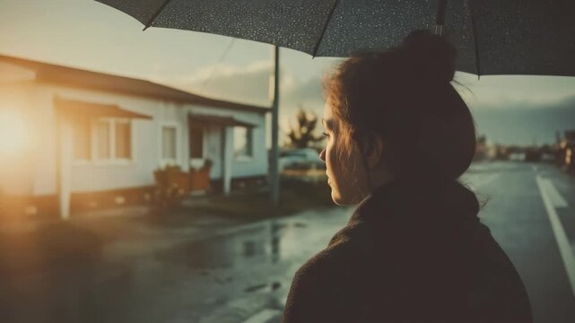 A woman under a black umbrella stands on a rain-soaked street at dusk, looking to the right with moody lighting.