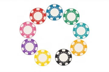 Colorful poker chips forming a circle, gambling game tokens for casino nightlife and betting fun isolated