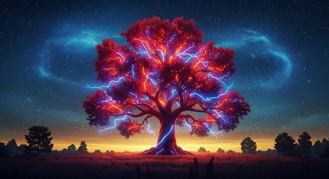 Mystical Tree with Lightning in a Dreamlike Landscape Scenery - Powered by Adobe
