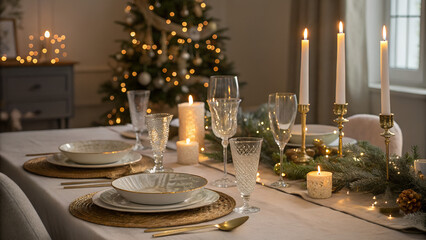 Elegant holiday dining table setting with candles, crystal glasses, and Christmas tree backdrop
