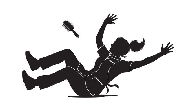 Oh no, clumsy moment at the salon! Hairdresser falling backwards in silhouette with brush flying, perfect for illustrating accident prevention or humorous beauty mishaps