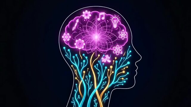 Glowing neural network growing inside a human head silhouette featuring icons of music, science, and ideas, concept of creative mind