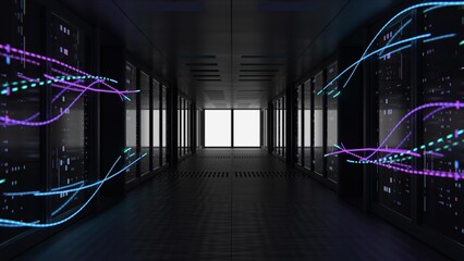 The server room, revealing bright data lines that stretch from wall to wall and between rows of server blocks. 3D Render