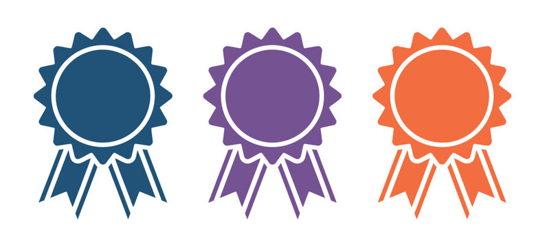 Colorful Vector Award Ribbons Set. Blue, Purple, and Red Prize Rosettes for First Place Winner
