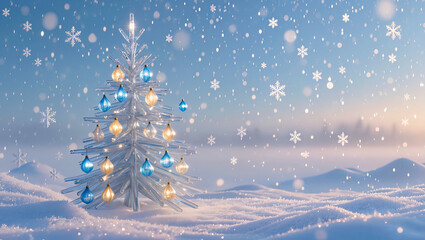 a glass Christmas tree in the snow