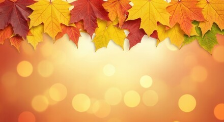 Obraz premium Autumn Maple Leaves Border on Warm Golden Bokeh Background with Copy Space
