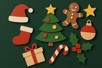 Festive christmas paper craft flat lay with holiday decorations