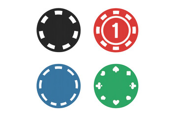 Poker chips set showing various styles and card suits for casino gaming and betting applications