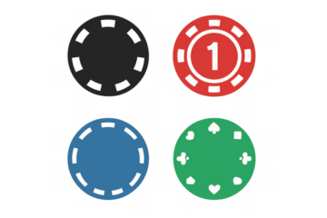 Poker chips set showing various styles and card suits for casino gaming and betting applications