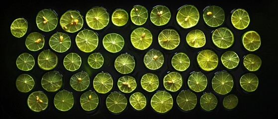 Freshly sliced limes on dark surface