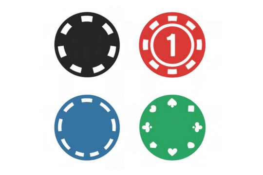 Poker chips set showing various styles and card suits for casino gaming and betting applications - Powered by Adobe