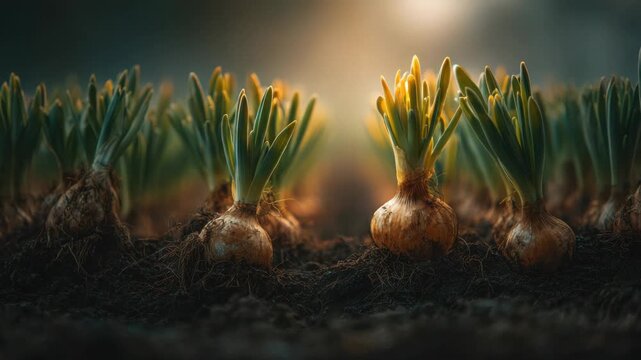 Close Up Onions Growing in a Row in Dark Soil Field at Sunrise with Golden Light Agriculture Farm with Green Stems and Roots Farm Plants Vegetables Harvest