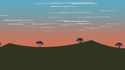 majestic dusk over grassland with acacia silhouettes and vibrant sky transition