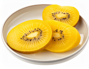 A plate of sliced golden kiwi fruit isolated on a white background