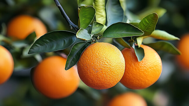 Fresh ripe oranges on tree close-up, organic fruit, green leaves, healthy agriculture, orchard harvest, natural food concept