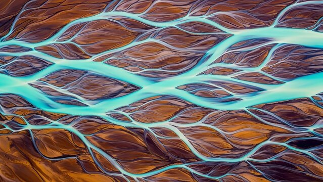 Aerial view of braided river delta turquoise water flowing through arid landscape abstract natural p