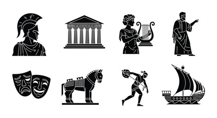 Ancient greece icons helmets temples theatre mythology and historical elements