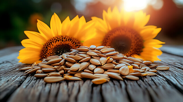 Sunflowers with sunflower seeds close-up, healthy snack, natural plant seeds, nutritious food, agricultural harvest, autumn concept