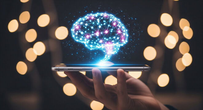 Hand holding smartphone with glowing digital brain hologram for mobile AI concept